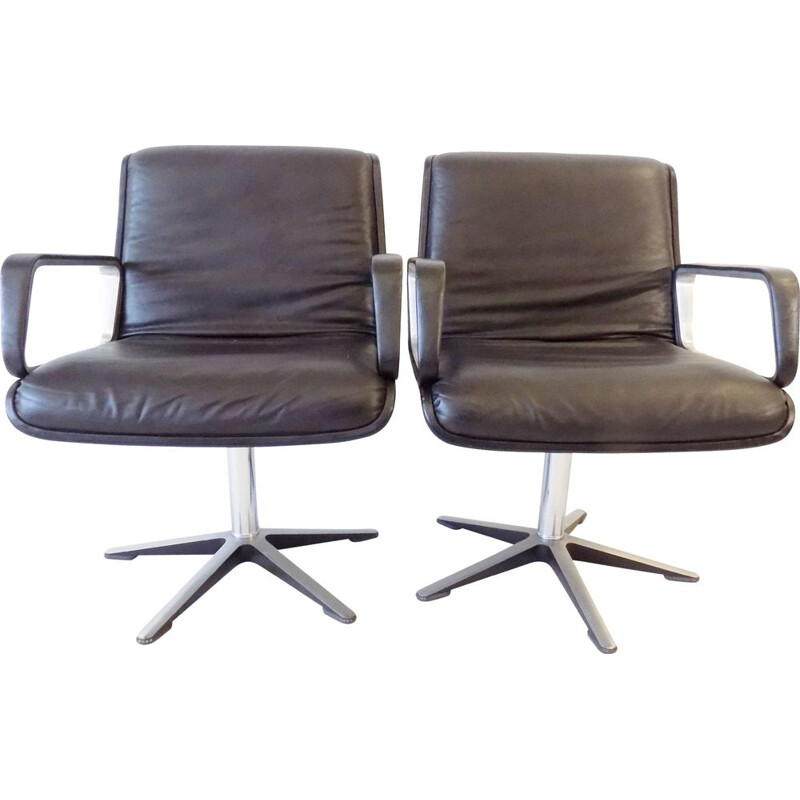 Paire de fauteuils lounge vintage en cuir noir par Delta Wilkhahn Delta 2000 