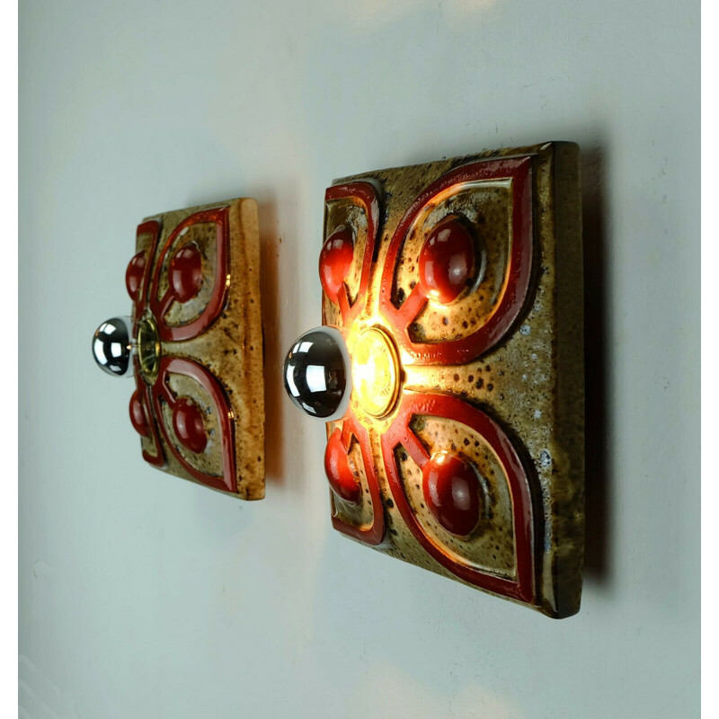 Pair of mid century ceramic wall lamps sconces fat lava geometric decor 1960s