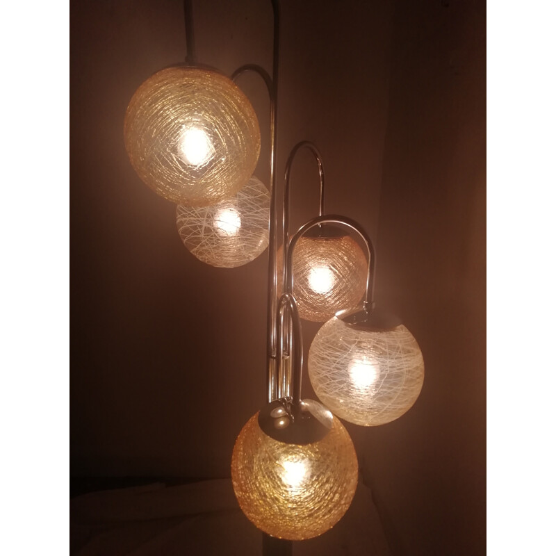 Vintage vloerlamp met 5 glazen kappen in amberkleurige tinten