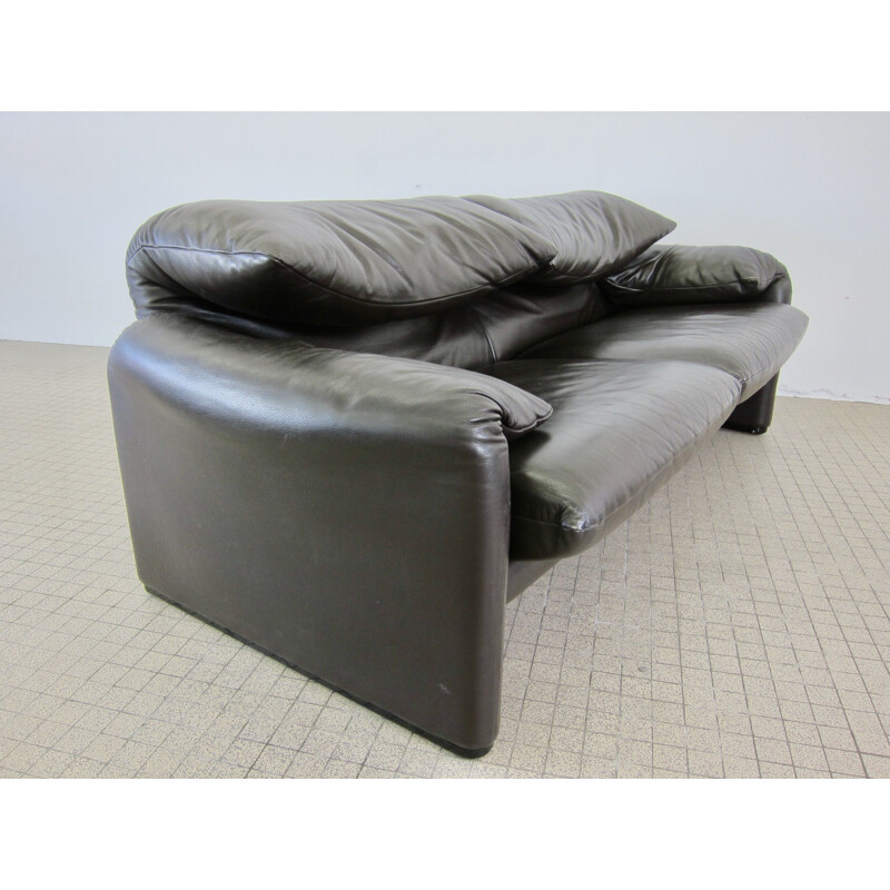 Vintage  2,5 seater sofa Cassina Maralunga dark brown leather 1973