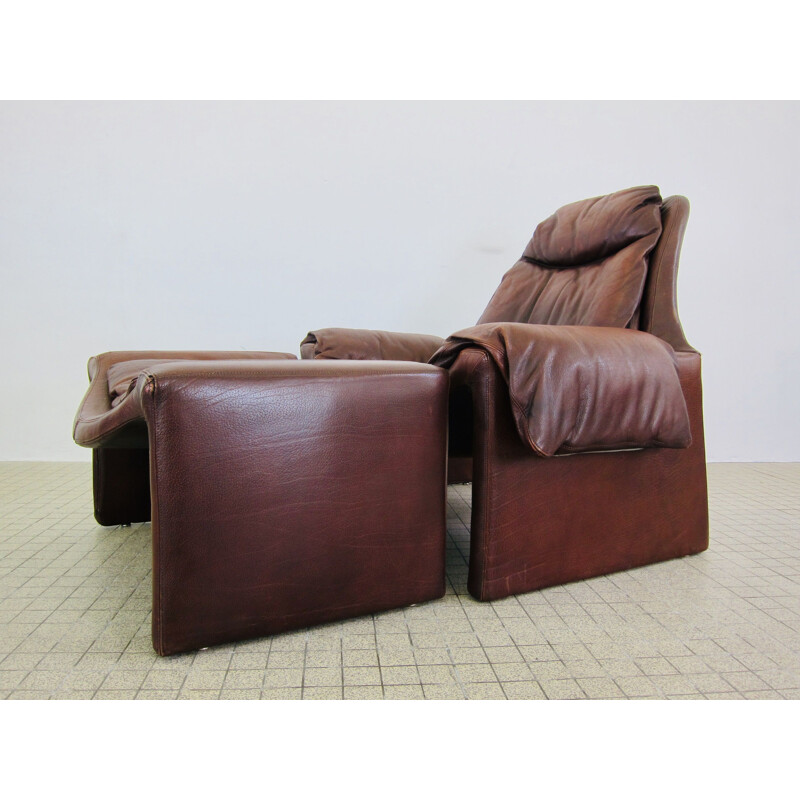 Vintage lounge chair and P62 ottoman brown leather Saporiti P60