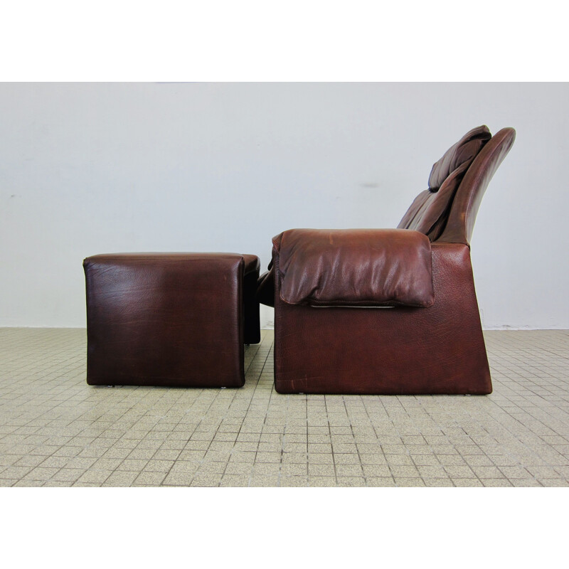 Vintage lounge chair and P62 ottoman brown leather Saporiti P60