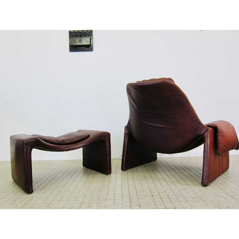 Vintage lounge chair and P62 ottoman brown leather Saporiti P60