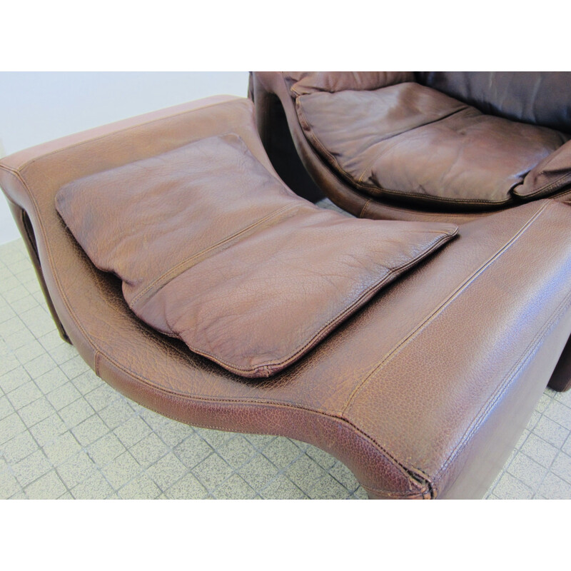 Vintage lounge chair and P62 ottoman brown leather Saporiti P60