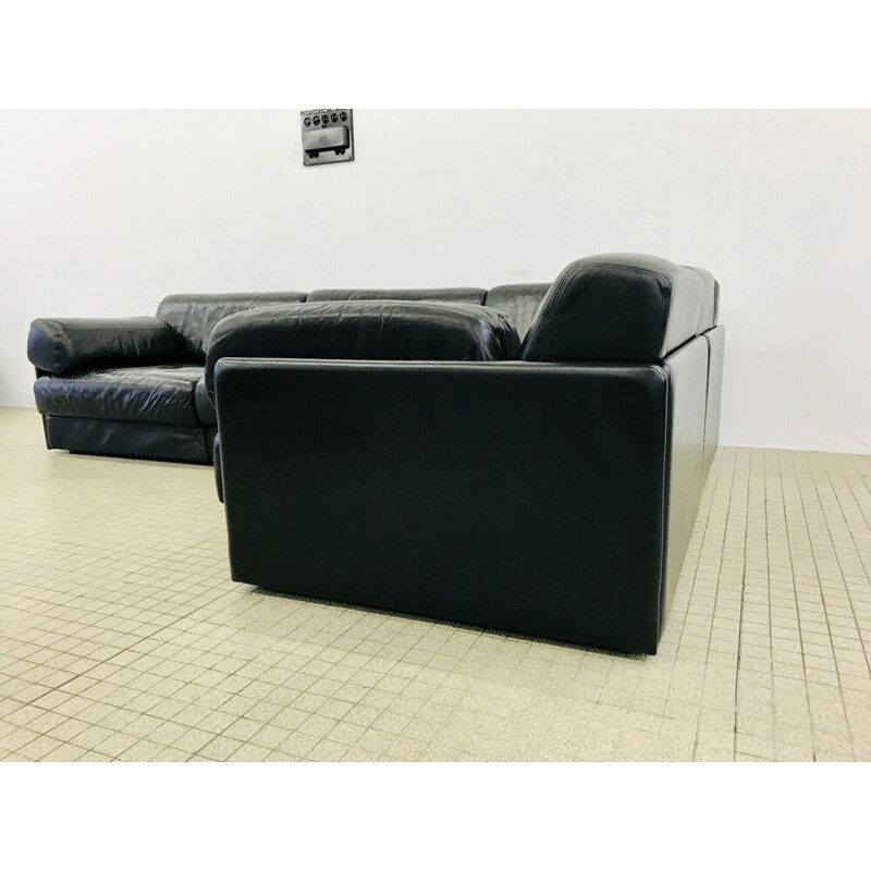 Canapé vintage modulaire en cuir noir De Sede ds76