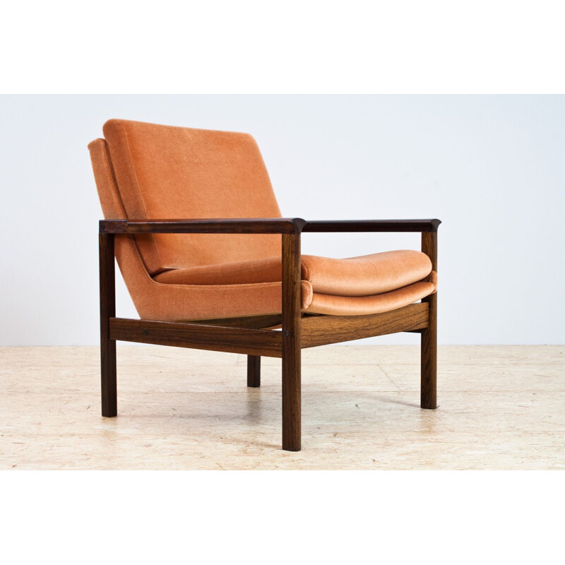 Vintage armchair in rosewood and orange velvet in Knut Saeter Danish 1960s