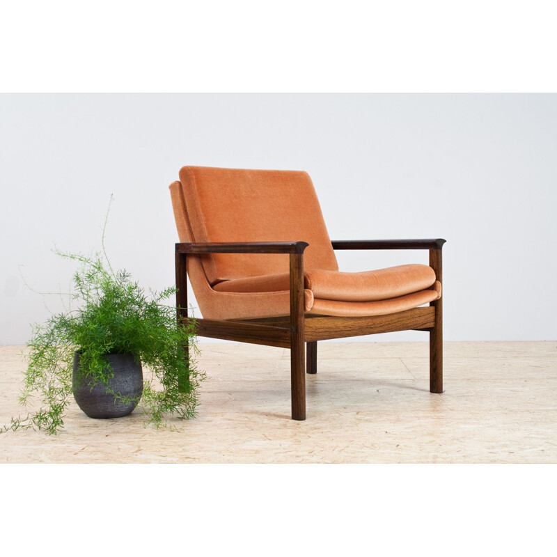 Vintage armchair in rosewood and orange velvet in Knut Saeter Danish 1960s