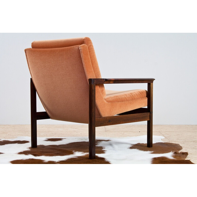 Vintage armchair in rosewood and orange velvet in Knut Saeter Danish 1960s