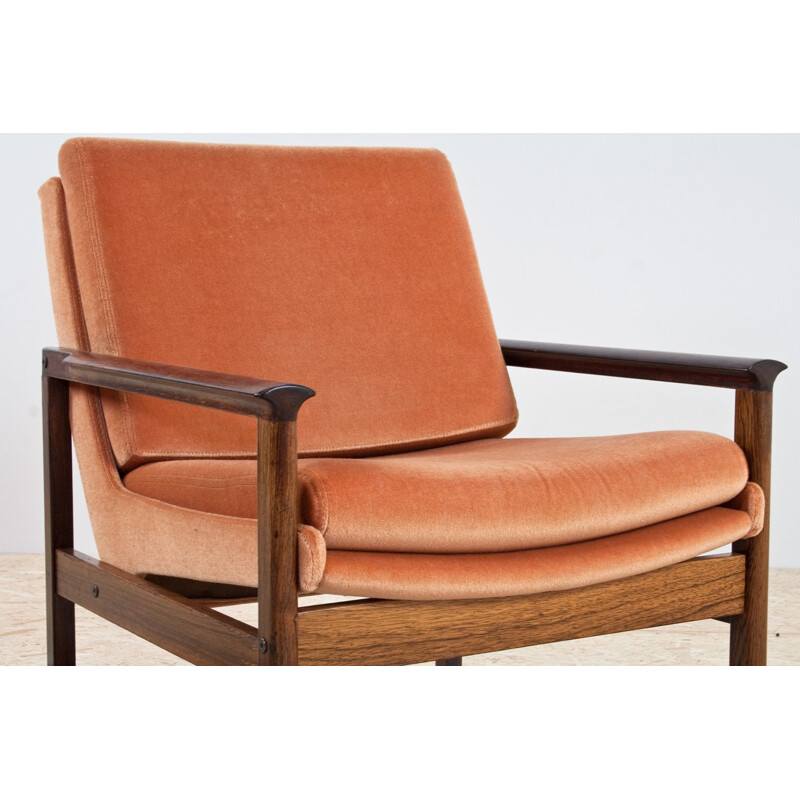 Vintage armchair in rosewood and orange velvet in Knut Saeter Danish 1960s