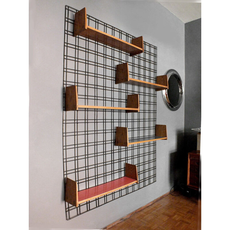 Vintage black lacquered iron wall bookcase with five adjustable shelves from the PFR studio by Gio Ponti, 1950