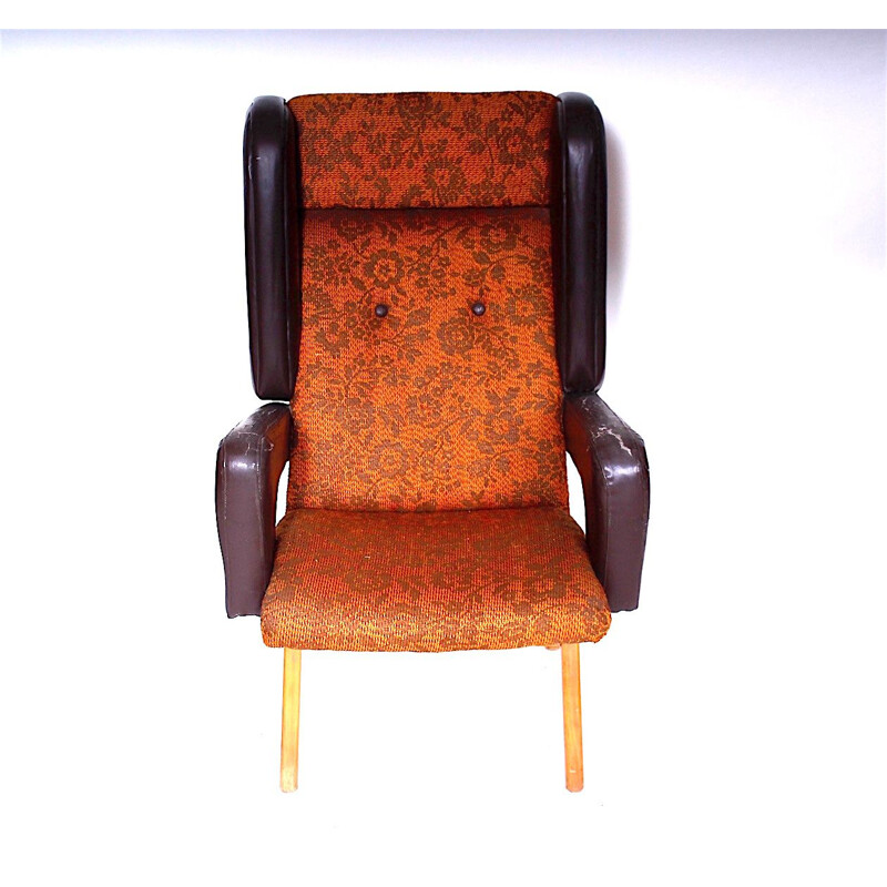 Vintage wing chair wood and fabric Czechoslovakia 1965