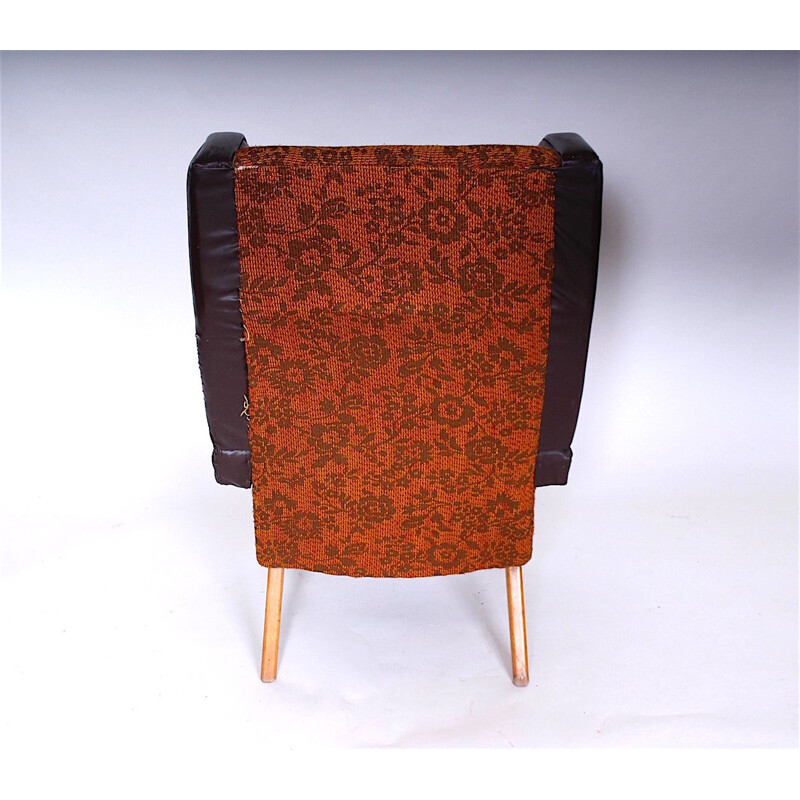Vintage wing chair wood and fabric Czechoslovakia 1965