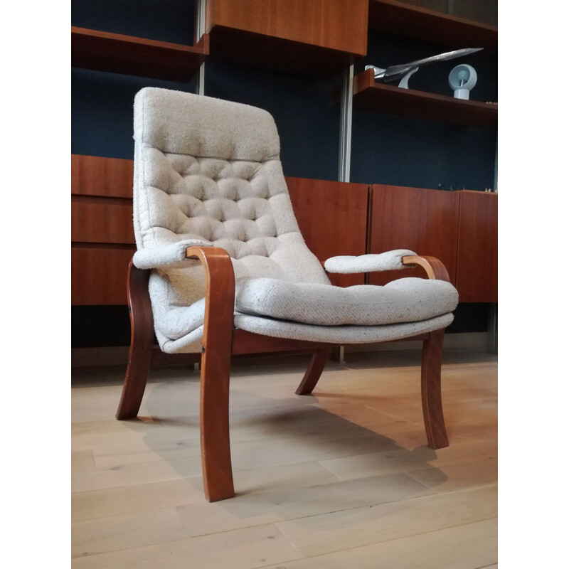 Fauteuil vintage en hêtre et tissu chiné,scandinave 1960