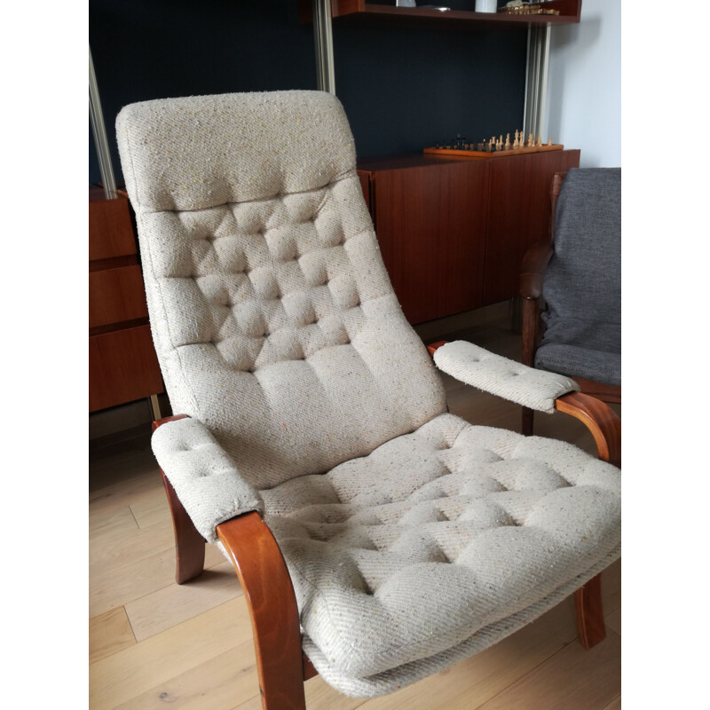 Fauteuil vintage en hêtre et tissu chiné,scandinave 1960