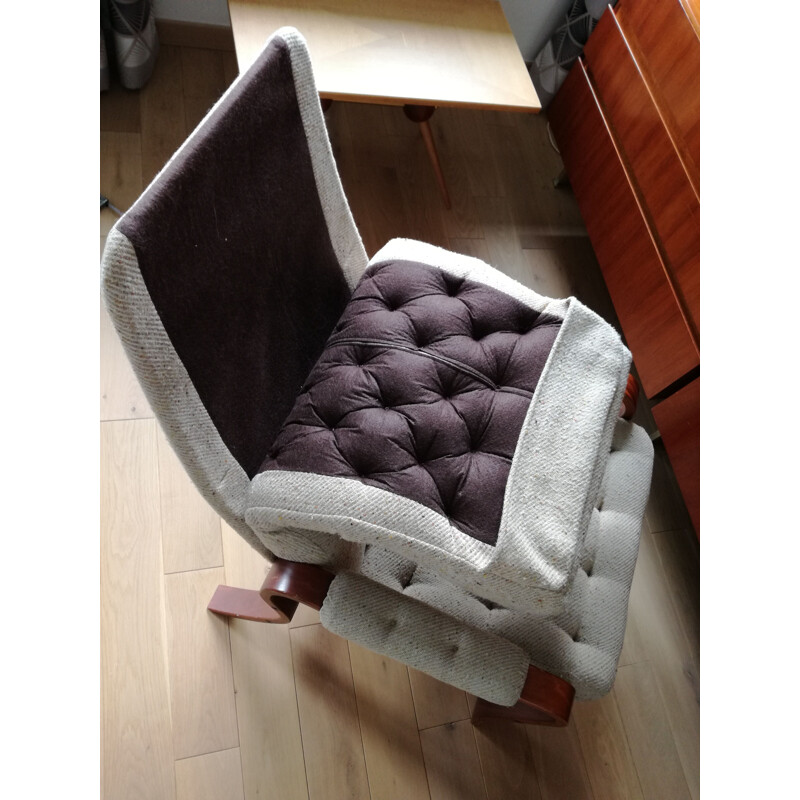 Fauteuil vintage en hêtre et tissu chiné,scandinave 1960