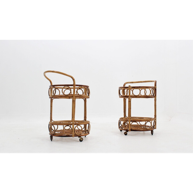 Set of 2 Vintage bamboo rattan serving trolley 1950