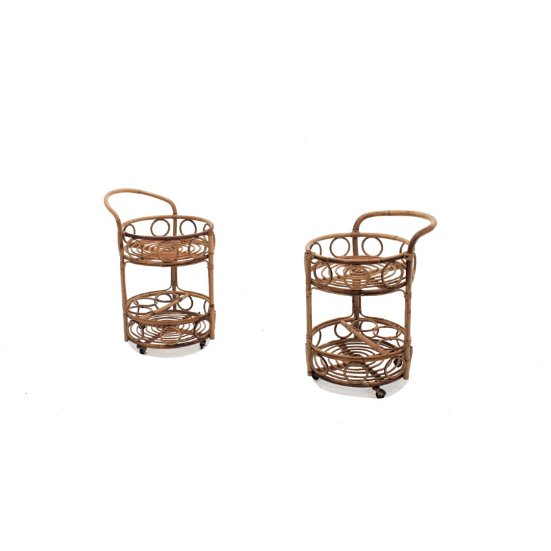 Set of 2 Vintage bamboo rattan serving trolley 1950
