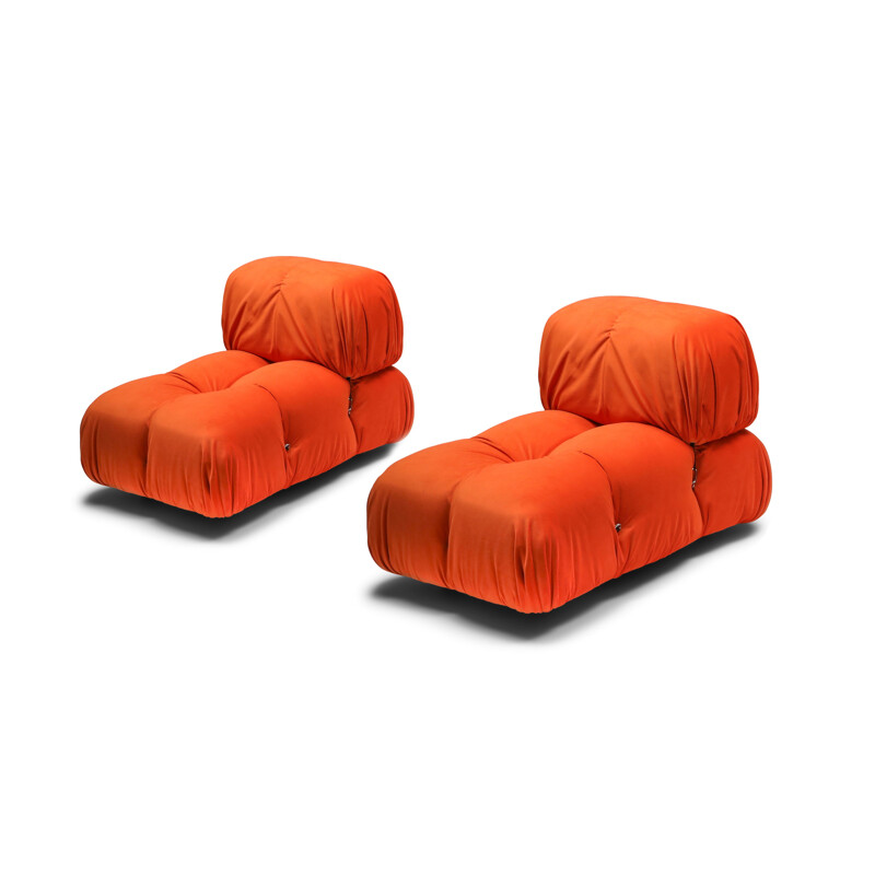 Pair of Vintage Lounge Chairs Camaleonda  in Bright Orange Velvet 1970s