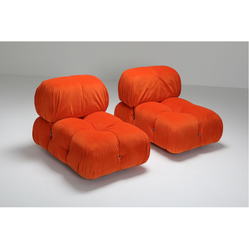 Pair of Vintage Lounge Chairs Camaleonda  in Bright Orange Velvet 1970s