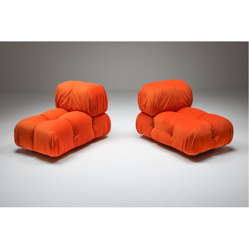 Pair of Vintage Lounge Chairs Camaleonda  in Bright Orange Velvet 1970s