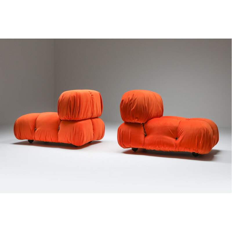 Pair of Vintage Lounge Chairs Camaleonda  in Bright Orange Velvet 1970s