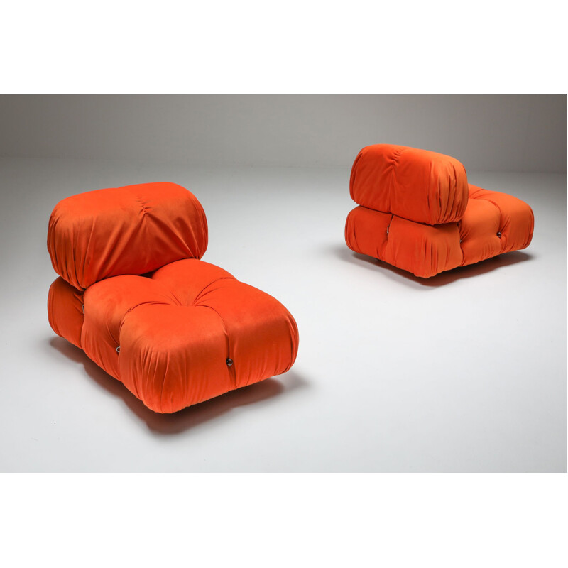 Pair of Vintage Lounge Chairs Camaleonda  in Bright Orange Velvet 1970s