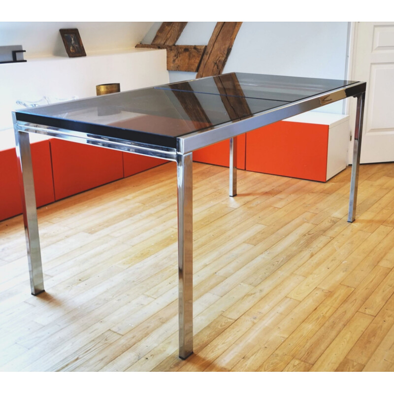 Vintage extensible dining table in metal and smoked glass by Milo BAUGHMAN for Directional USA1970