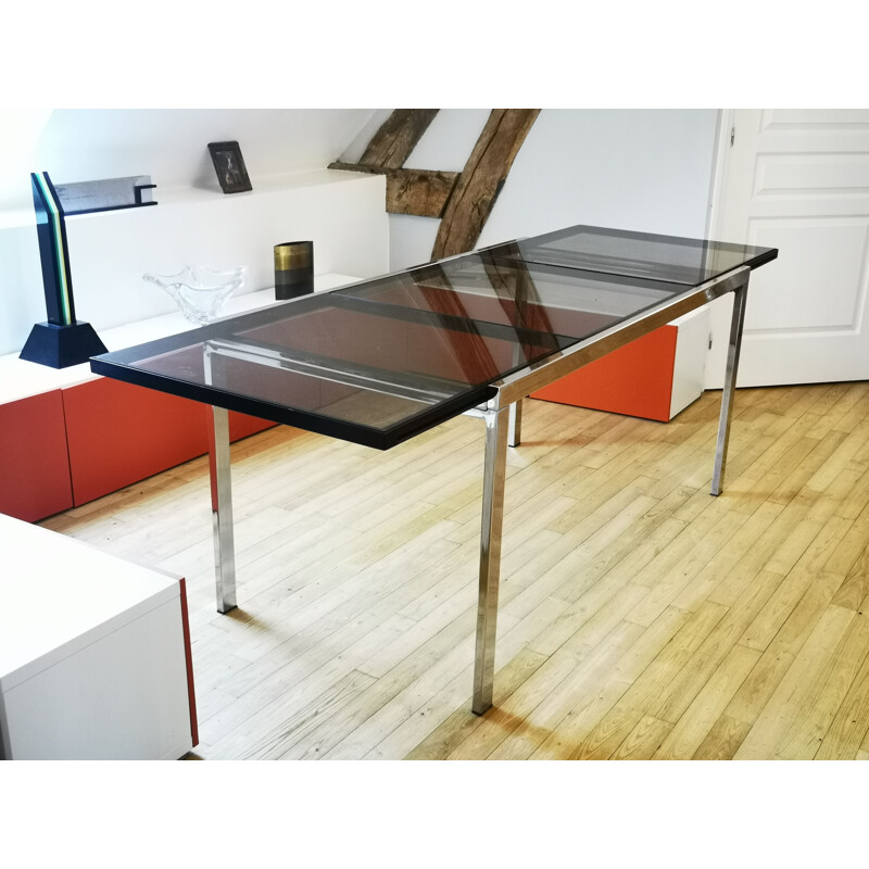 Vintage extensible dining table in metal and smoked glass by Milo BAUGHMAN for Directional USA1970