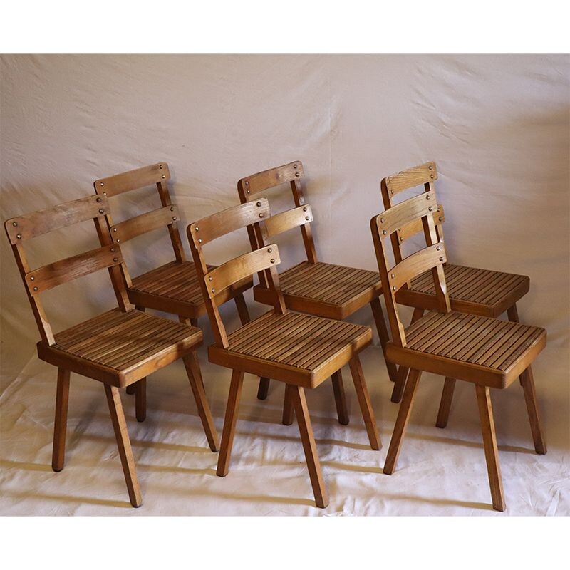 Suite of 6 vintage wooden chairs 1960