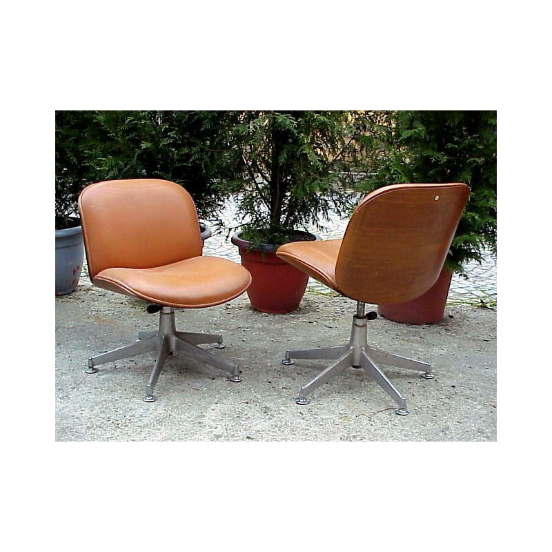 Vintage houten en lederen fauteuil van Ico Parisi Mim Italië 1970