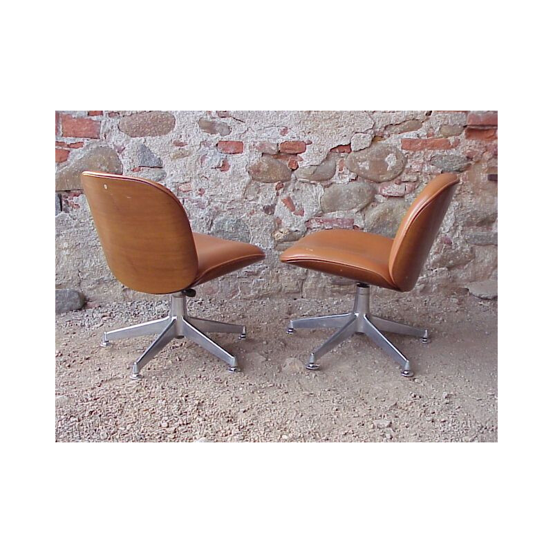 Fauteuil vintage en bois et cuir de Ico Parisi Mim Italie 1970