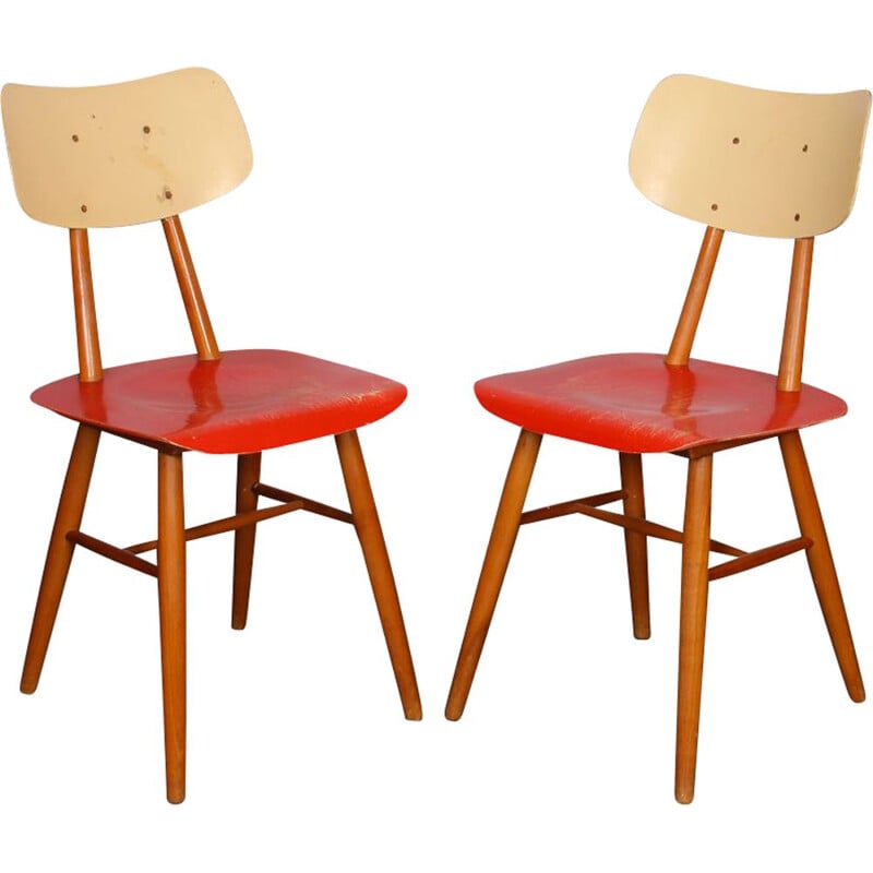 Pair of vintage red Czech chairs 1960