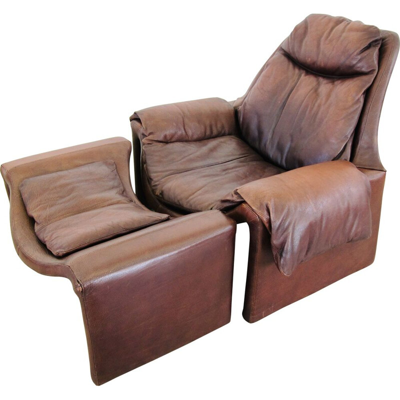 Fauteuil lounge et pouf vintage P62 en cuir brun Saporiti P60