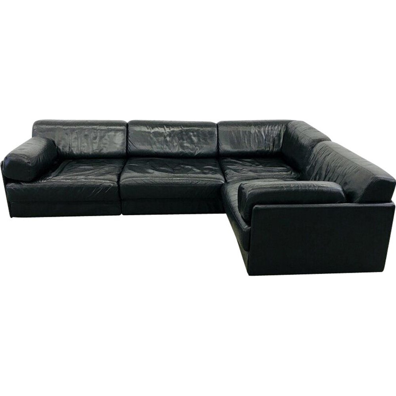 Canapé vintage modulaire en cuir noir De Sede ds76