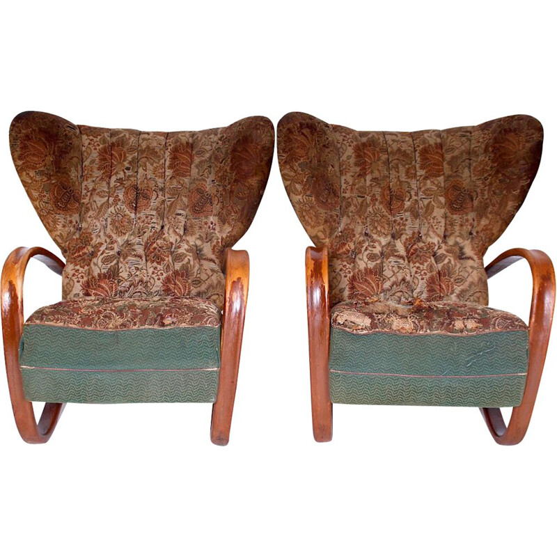 Paire de prototypes de fauteuils à oreilles vintage, modèle Halabala H-269 1930