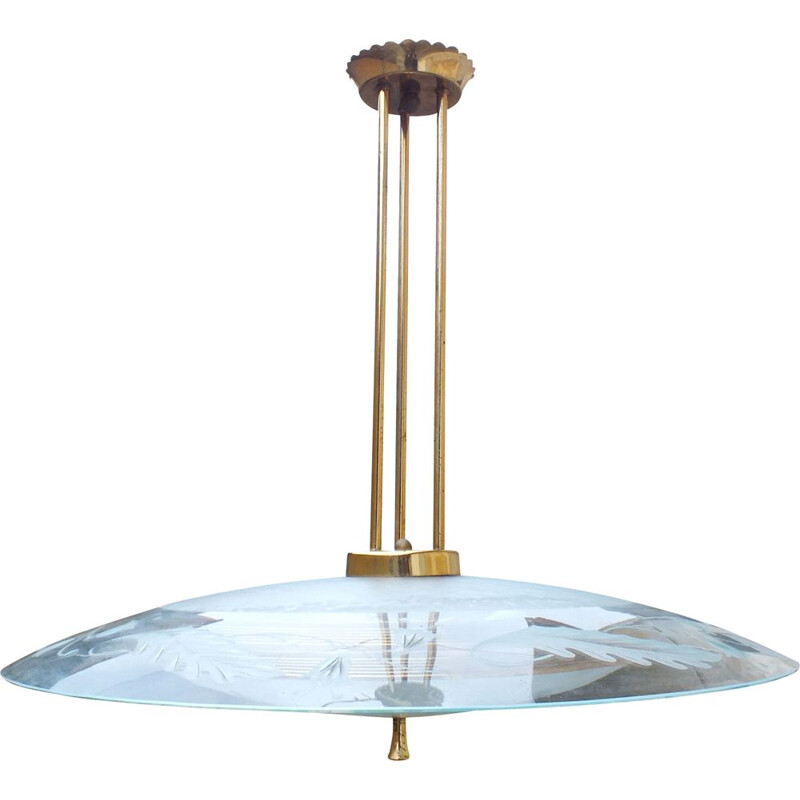 Vintage brass and double engraved glass suspension by Pietro Chiesa by Fontana Arte, Italy