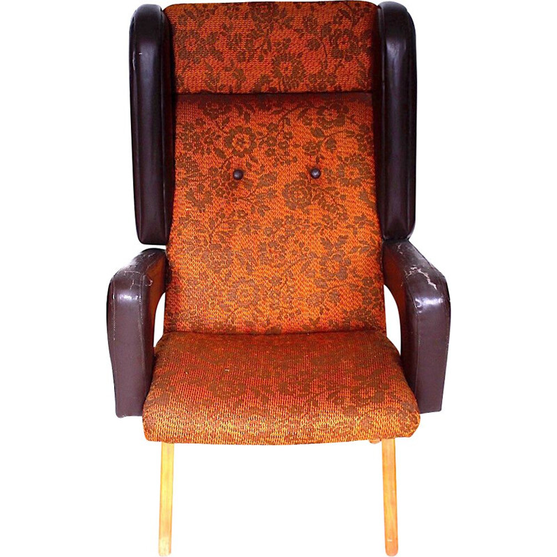 Vintage wing chair wood and fabric Czechoslovakia 1965