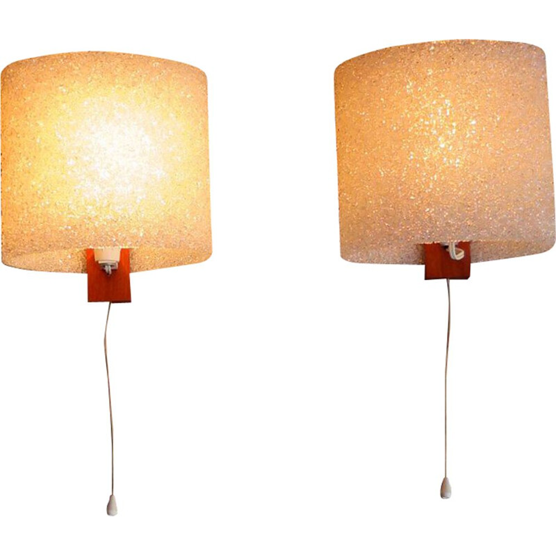 Pair of vintage wall lamps, plastic and teak holder 1960s