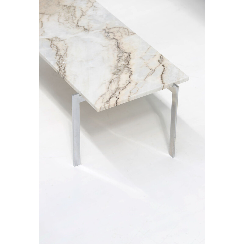 Vintage chrome-plated metal coffee table with white marble top by Poul Kjaerholm, 1970