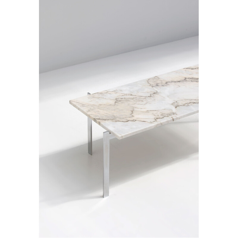 Vintage chrome-plated metal coffee table with white marble top by Poul Kjaerholm, 1970