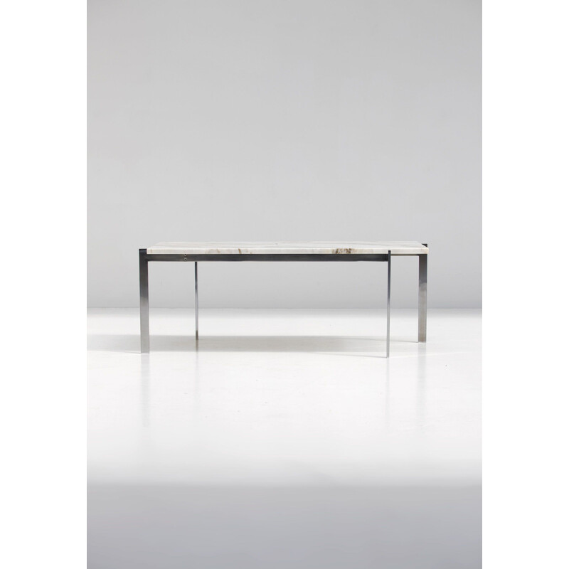 Vintage chrome-plated metal coffee table with white marble top by Poul Kjaerholm, 1970