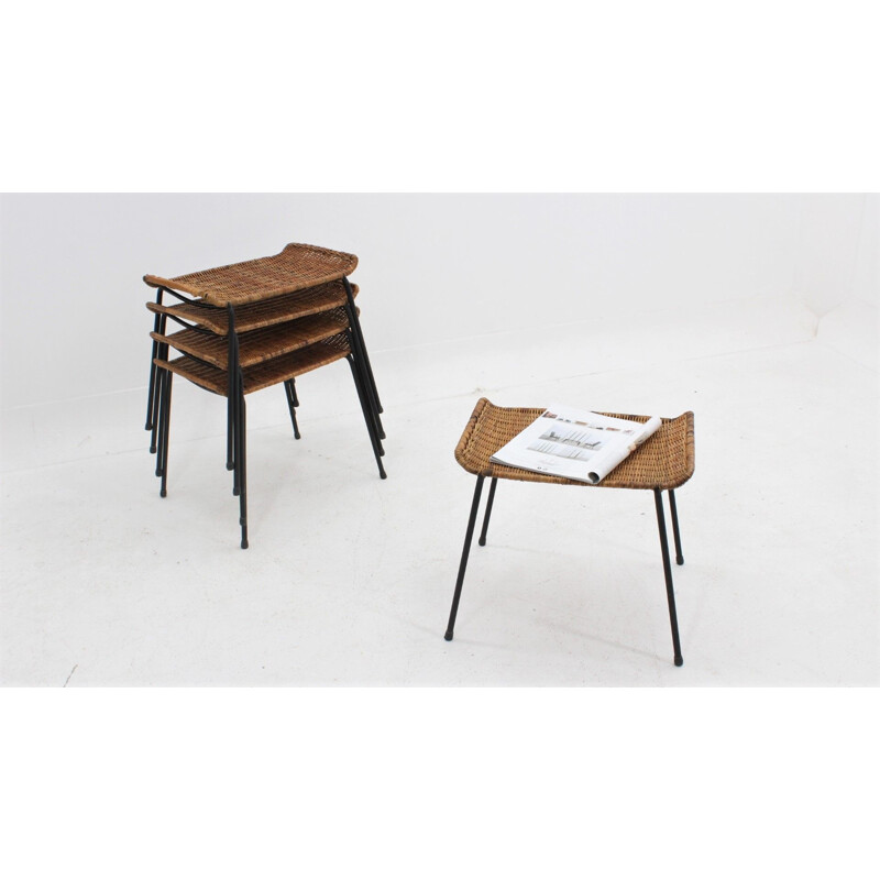 Set of 5 vintage stool Gian Franco Legler wicker Bonacina 1950s