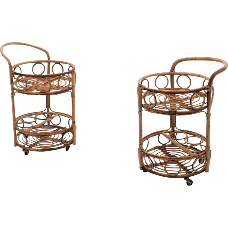 Set of 2 Vintage bamboo rattan serving trolley 1950