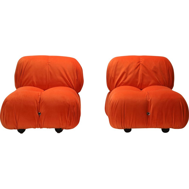 Pair of Vintage Lounge Chairs Camaleonda  in Bright Orange Velvet 1970s