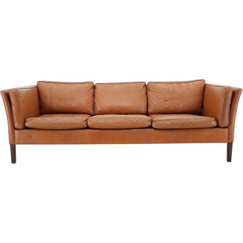 Vintage Cognac Brown Leather 3-Seater Sofa Danish 1960s