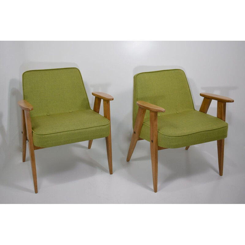 Pair of vintage armchairs with compass feet, 366 green by J. Chierowski 1959 