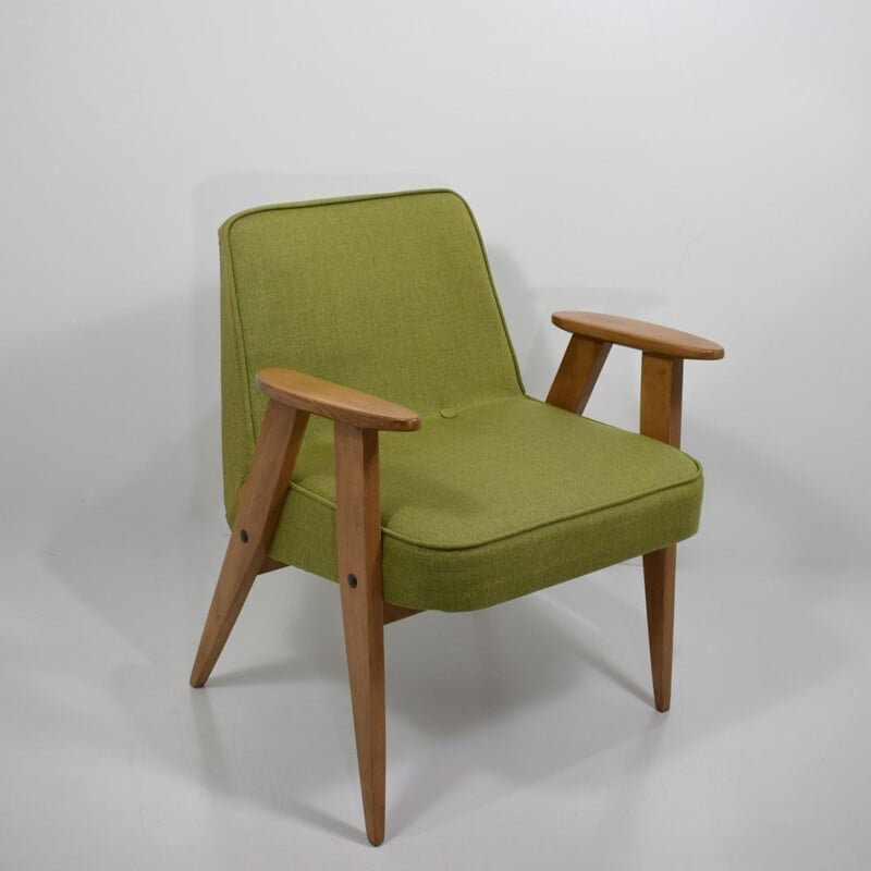 Paire de fauteuils vintage pieds compas, 366 vert de J. Chierowski 1959 