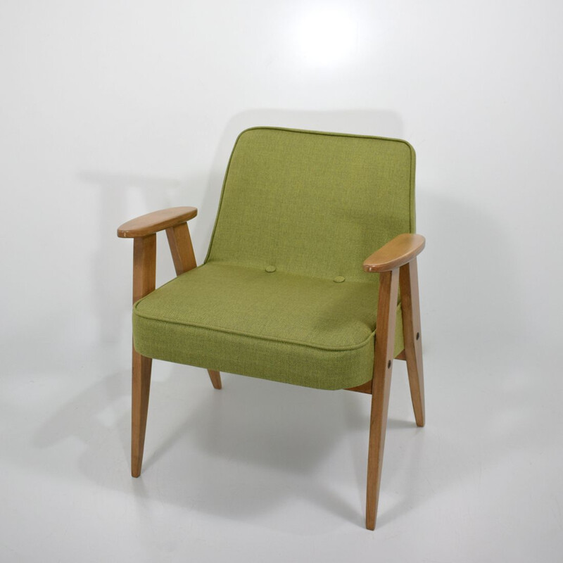 Pair of vintage armchairs with compass feet, 366 green by J. Chierowski 1959 