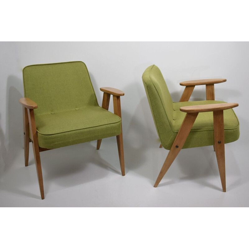 Pair of vintage armchairs with compass feet, 366 green by J. Chierowski 1959 