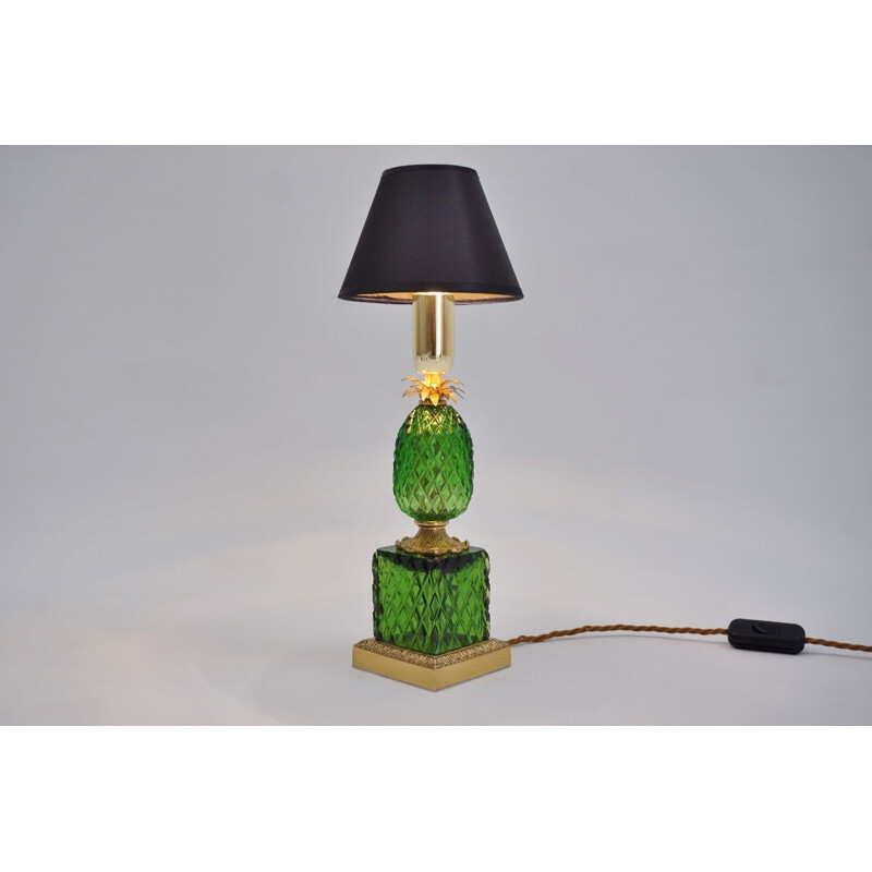 Lampe vintage ananas Maison Charles, cristal et bronze doré, Français 1950